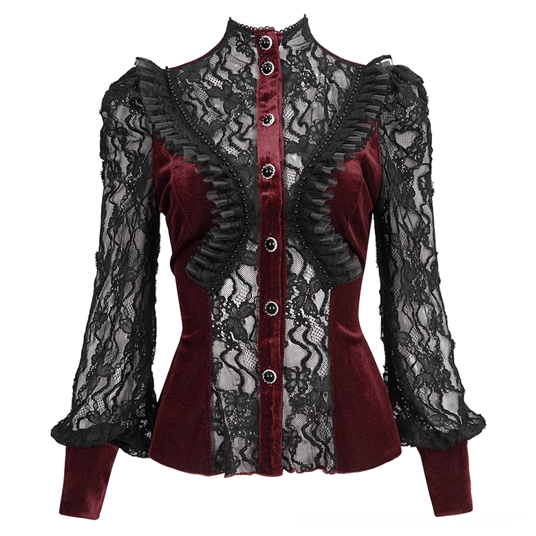 Wine red velvet gothic blouse displayed on mannequin showing ruffled front trim, stand collar, and structured fit