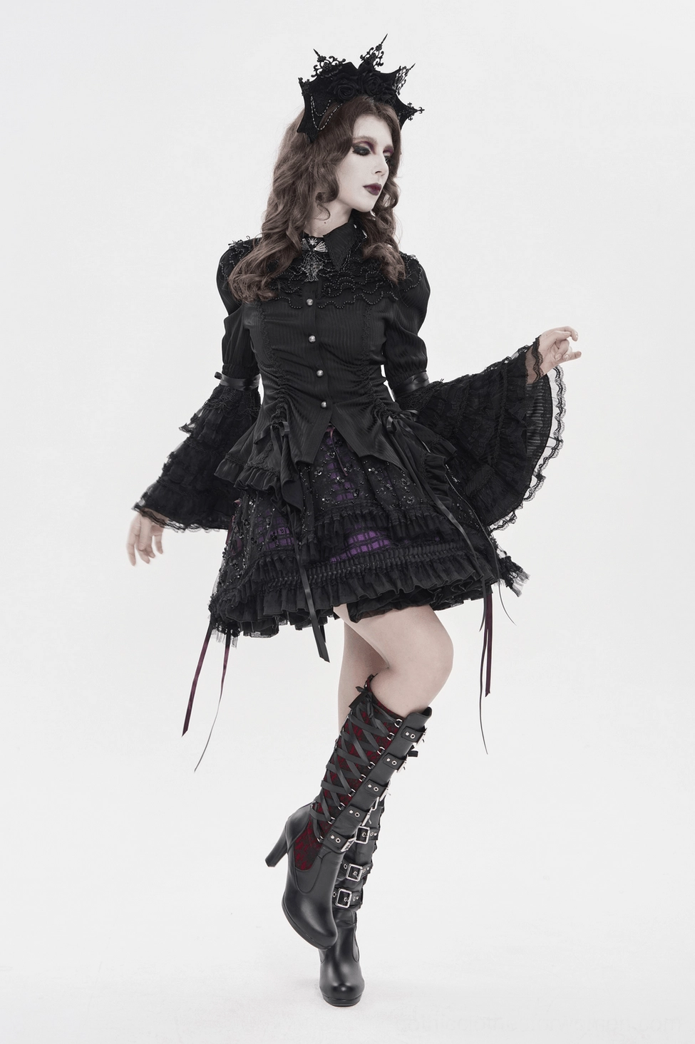 Gothic black lace blouse worn styling showing how ornate sleeve ruffles create dramatic silhouette
