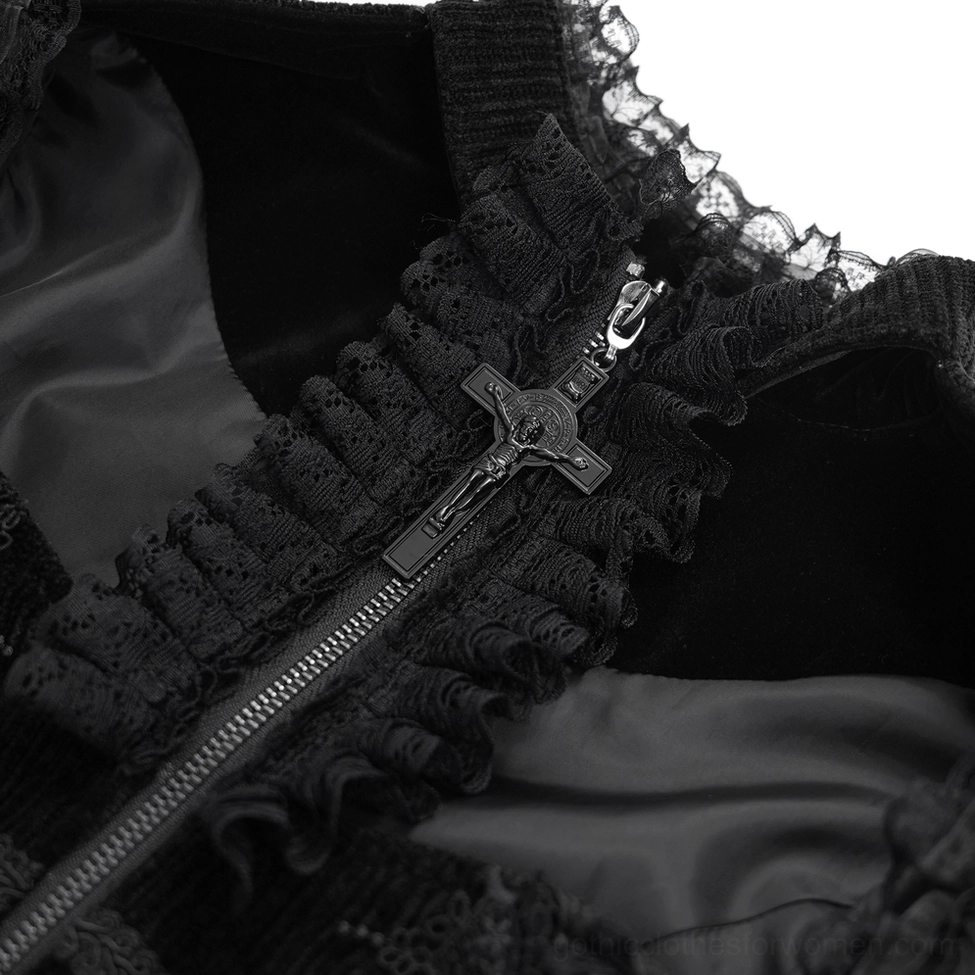 Close-up detail of Victorian gothic blouse lace-ruffled trim and decorative metal cross zipper pull