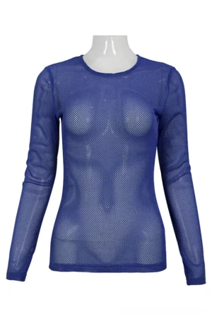 Women's electric blue sheer mesh long sleeve top front view, gothic alternative fashion with crew neckline and fitted silhouette