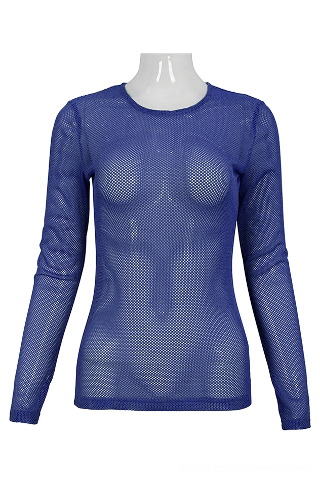 Women's electric blue sheer mesh long sleeve top front view, gothic alternative fashion with crew neckline and fitted silhouette