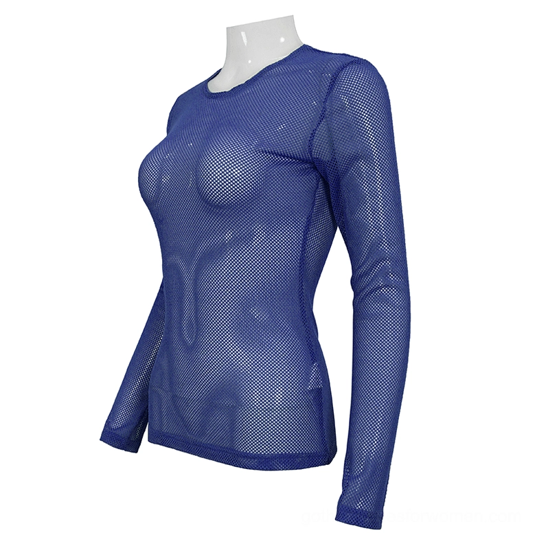 Three-quarter side view of electric blue transparent mesh long sleeve top, showing see-through hollow fabric texture and fitted design
