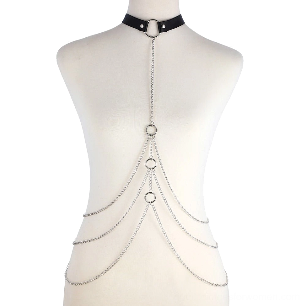 Full length gothic body harness jewelry displayed on female mannequin featuring black leather choker and layered silver metal chains