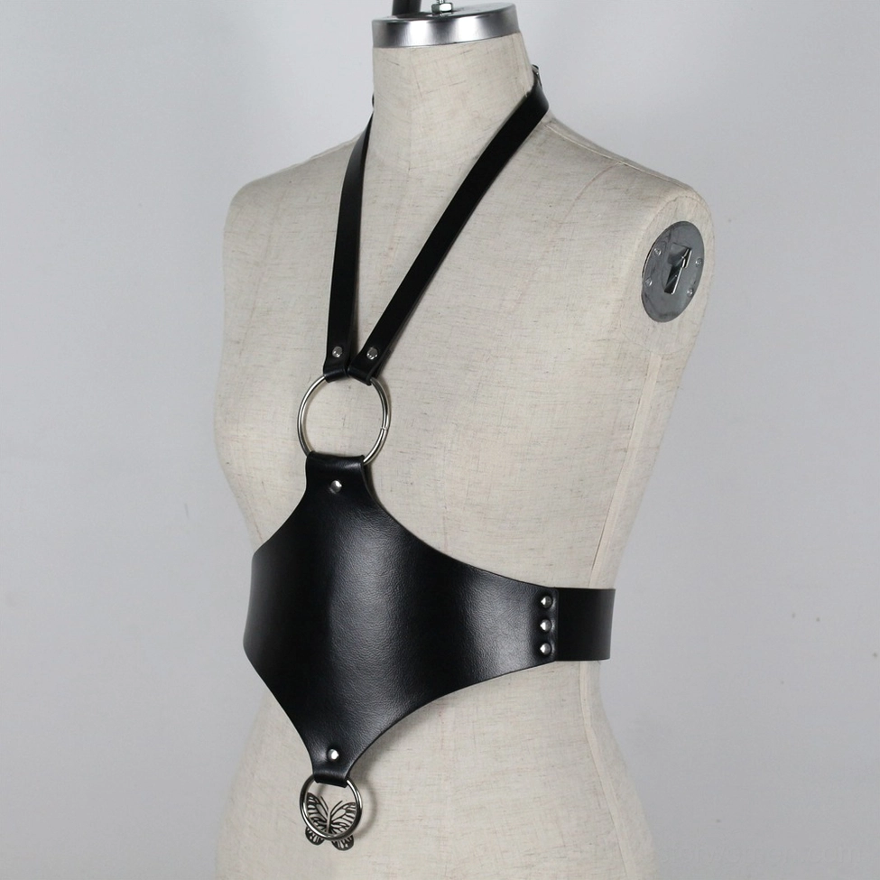 Black gothic faux leather harness adjustable strap mechanism and fitting showcase