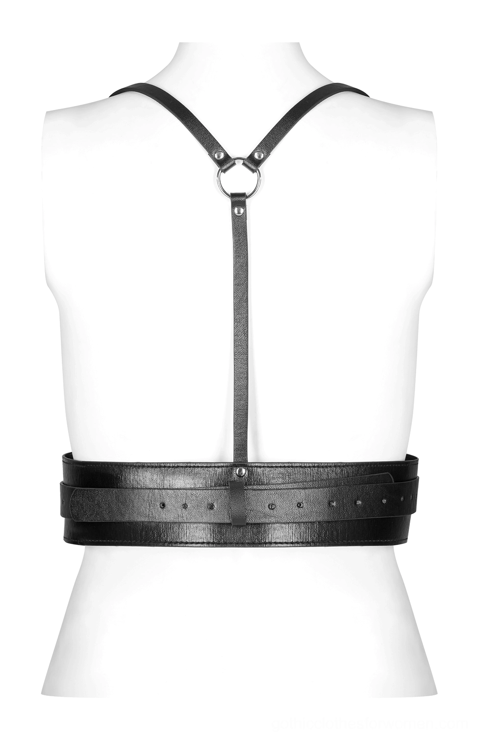 Black PU leather body harness back view, circular metal ring detail and decorative ears bow element, gothic harness rear