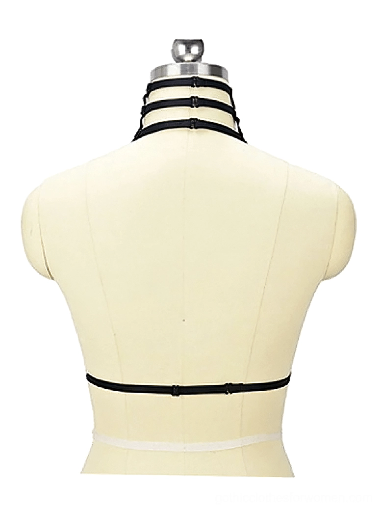 Harness bra back view, minimal strap construction, gothic body harness rear display