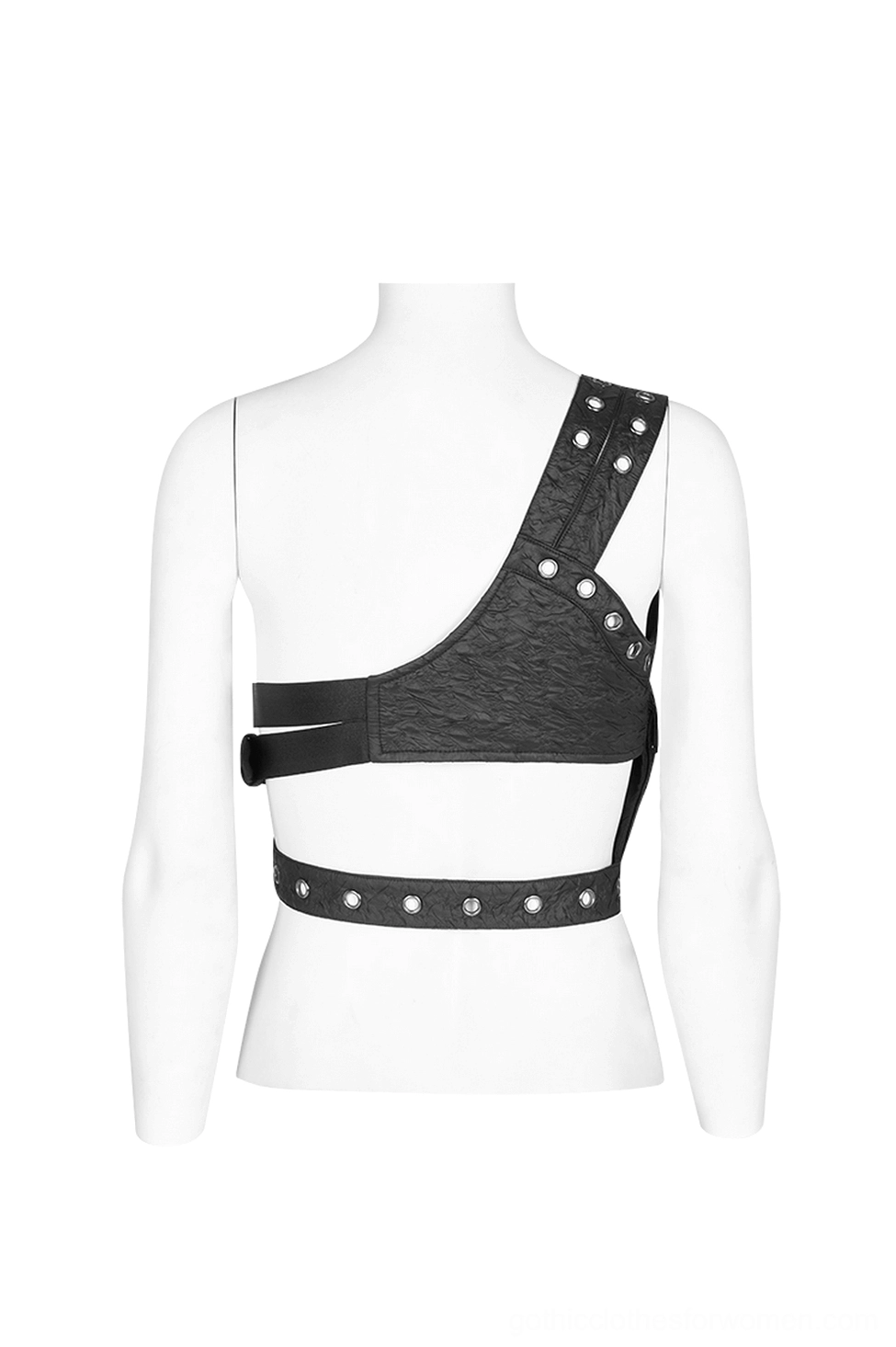 Alternative angle of gothic leather body harness showing decorative front pocket and asymmetrical strap construction