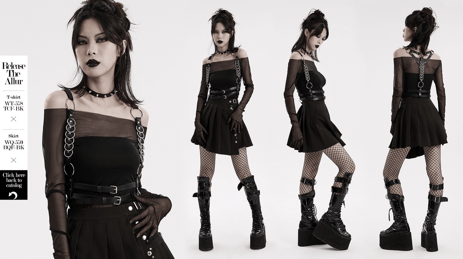 Gothic body harness detail view - black leather chest harness with metal ring placement and adjustable configuration