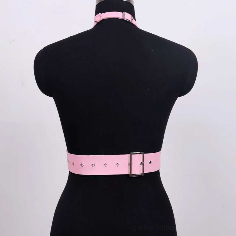 Gothic body harness in black faux leather with metal accents fashion photography