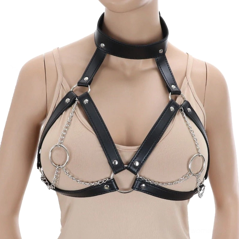 Faux leather chest harness with circular metal rings and chains, no pendant, front display