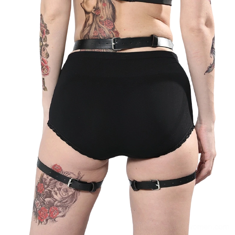 Black PU leather garter harness rear view with adjustable thigh straps and silver buckle hardware details