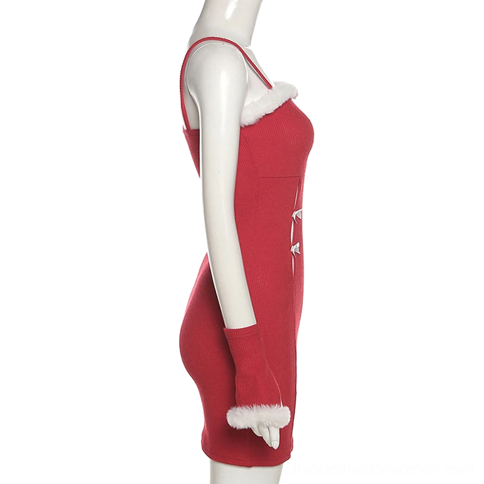Gothic cami dress with spaghetti straps in side profile view on mannequin showing bodycon silhouette and red fuzzy trims