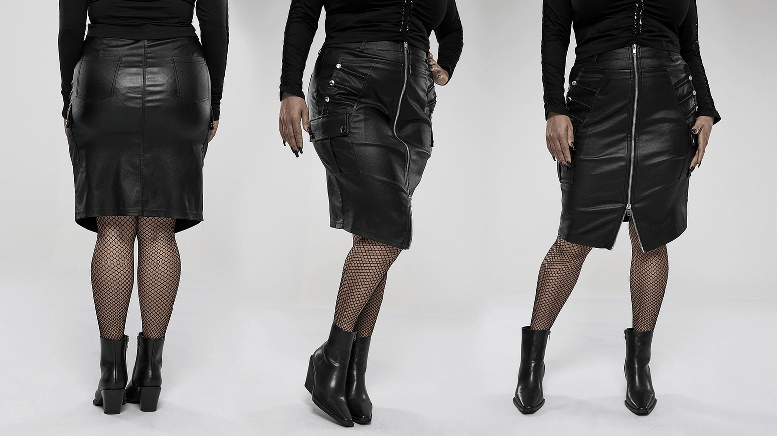 Black faux leather gothic bodycon skirt - styling with platform boots and gothic jewelry for nightclub wear