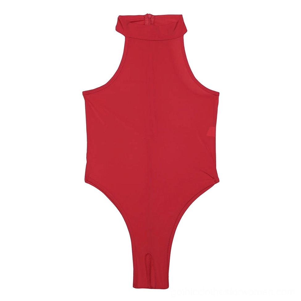 Gothic sleeveless bodysuit rear architectural design showcasing open back cutout and thong silhouette