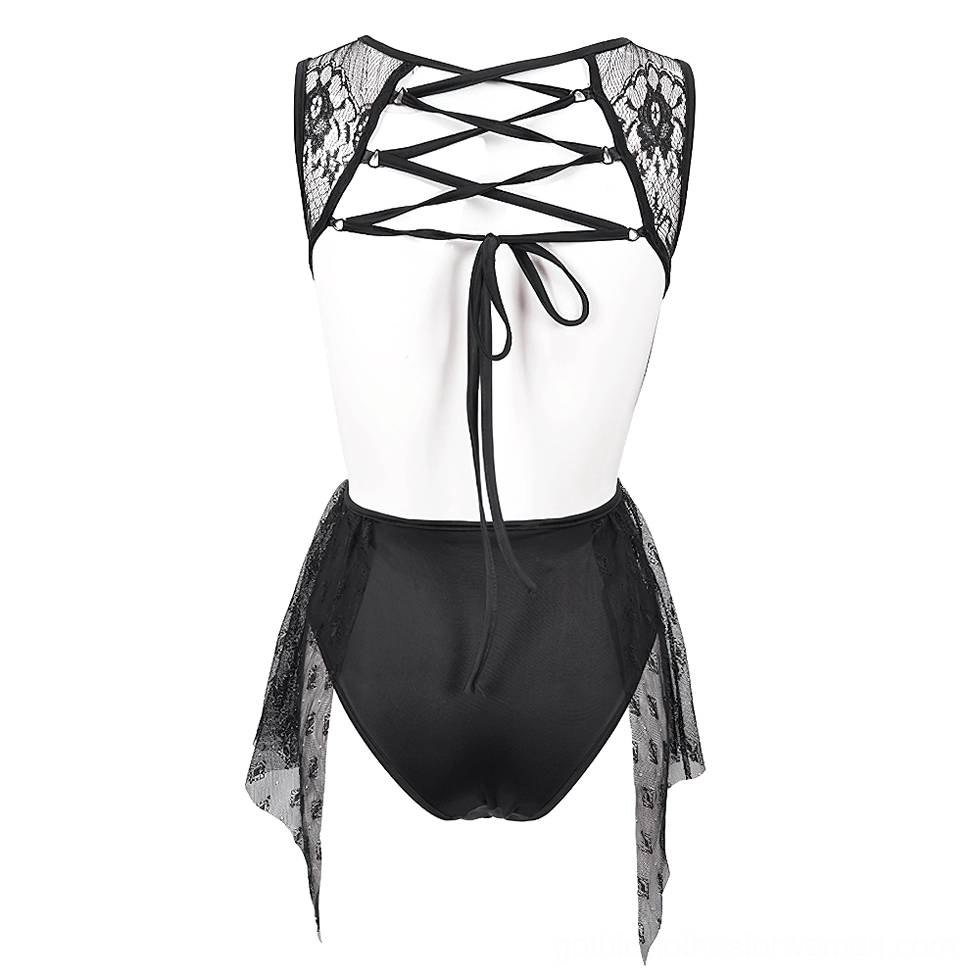 Black lace bodysuit back flat lay featuring adjustable crisscross lace-up straps and mesh details