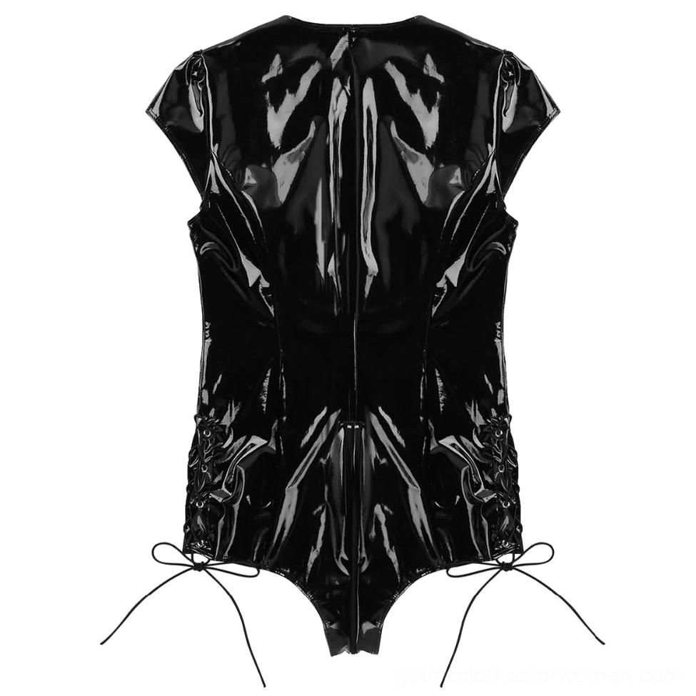 Black gothic bodysuit back flat lay highlighting rear zipper and patent leather texture finish