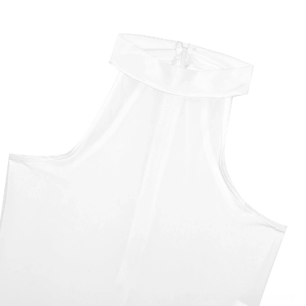 Gothic sleeveless bodysuit three-quarter back view displaying open butt thong and fitted construction
