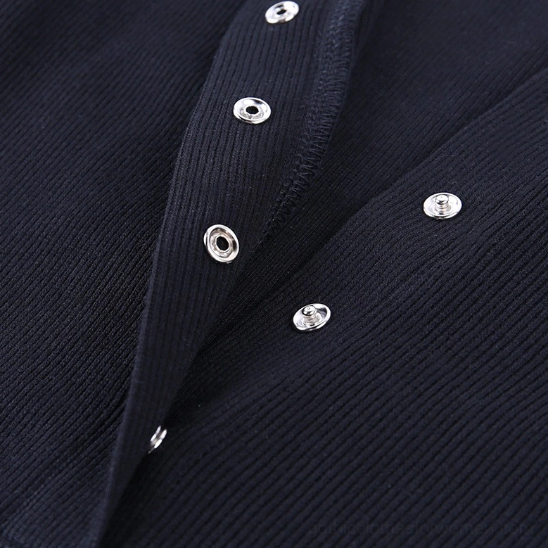 Gothic bodysuit front button placket close-up, showing metal snap button details and ribbed knit construction