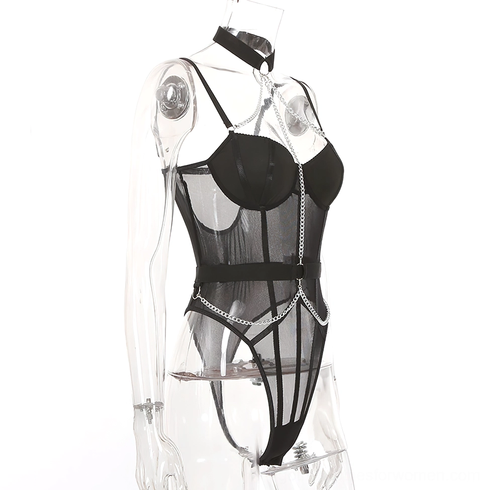 Black mesh bodysuit left front angle on mannequin, chain decoration detail, sheer mesh construction, gothic style