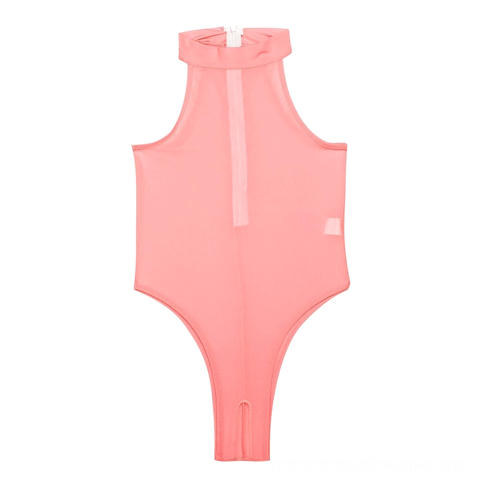 Gothic sleeveless bodysuit complete front view showcasing alternative fashion styling with high neckline