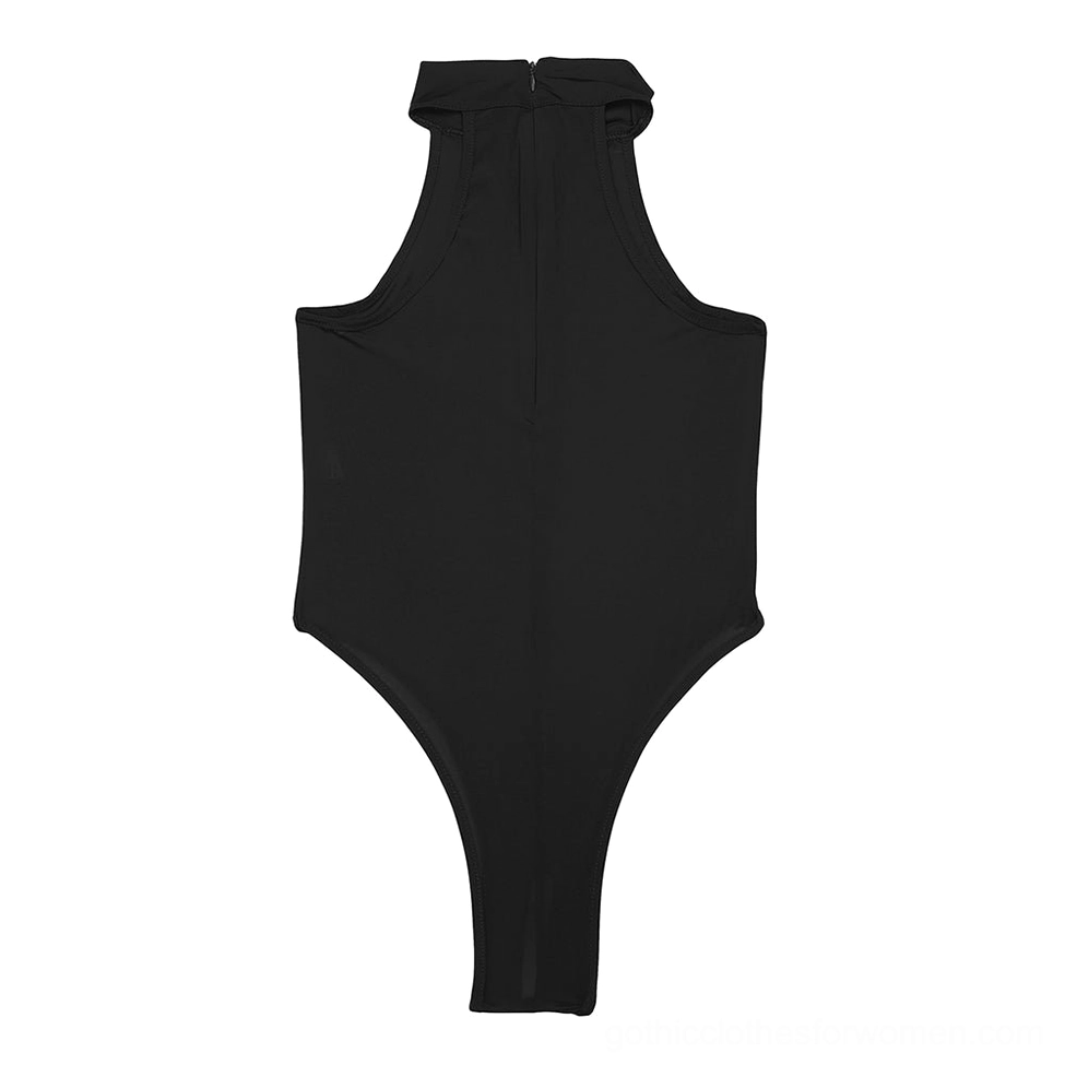 Gothic sleeveless bodysuit close-up detail shot showing halter neckline construction and fabric texture