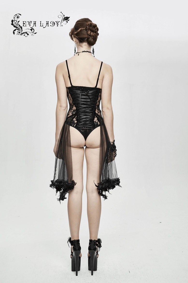 Black gothic bodysuit displaying rose-embroidered lace pattern and adjustable strap system detail