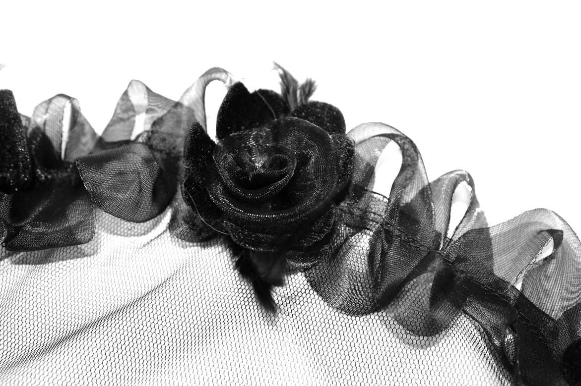 3D velvet rose and ruffled mesh feather trim decoration on black sheer lace bodysuit skirt