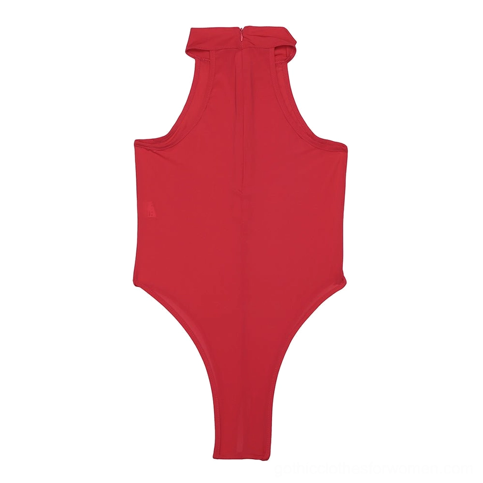 Gothic sleeveless bodysuit full-length back view highlighting open butt thong design and bare back aesthetic