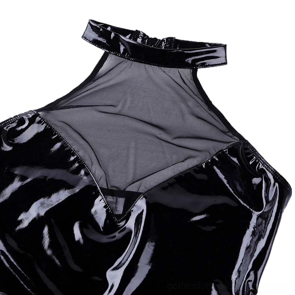 Close-up of black gothic bodysuit halter neck area, patent leather trim and sheer mesh panel detail