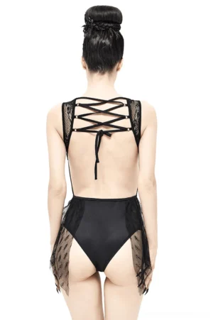 Black lace bodysuit back view showing dramatic crisscross lace-up straps and sheer side drapes