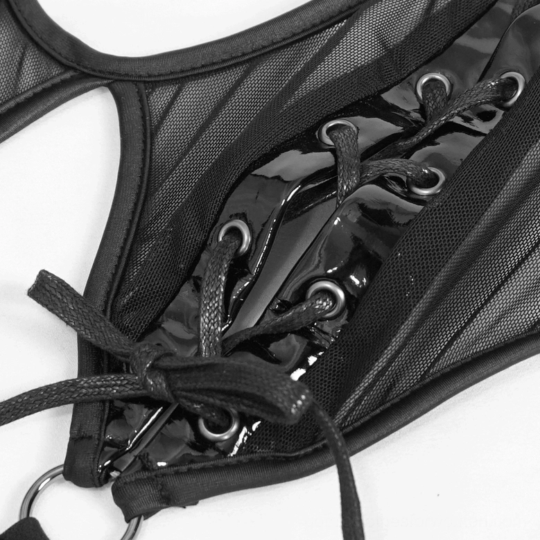 Black gothic bodysuit detail shot showcasing lace-up front, mesh fabric panels, and patent leather trim construction quality