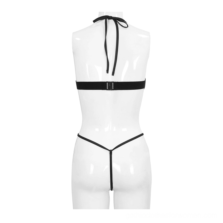 Black gothic bodysuit back view on mannequin, displaying halter tie closure, open back design, and thin waist straps