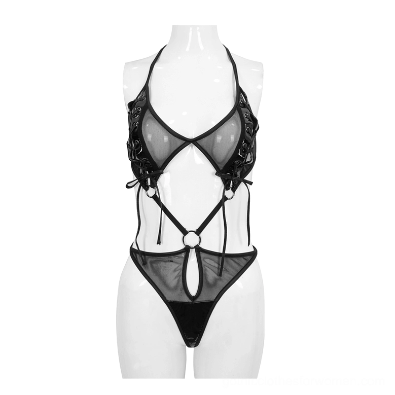 Black semi-transparent bodysuit mannequin display front view, featuring sheer mesh fabric, patent leather trim, and thong bottom design