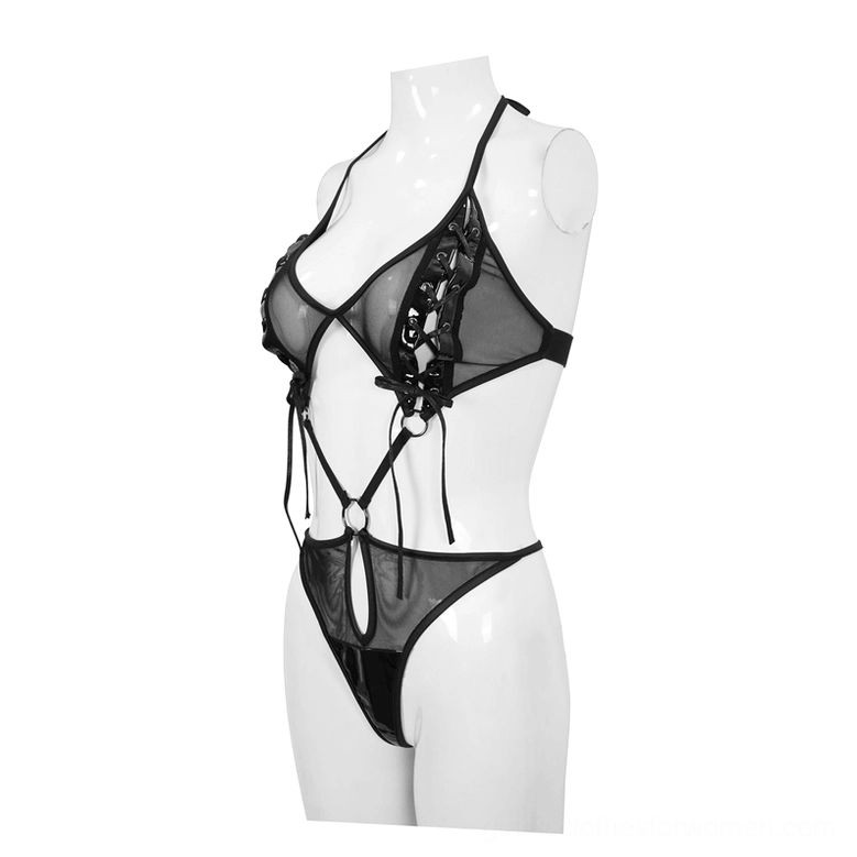 Black strappy sheer gothic bodysuit on mannequin three-quarter view, showing halter strap details and crotch cutout construction