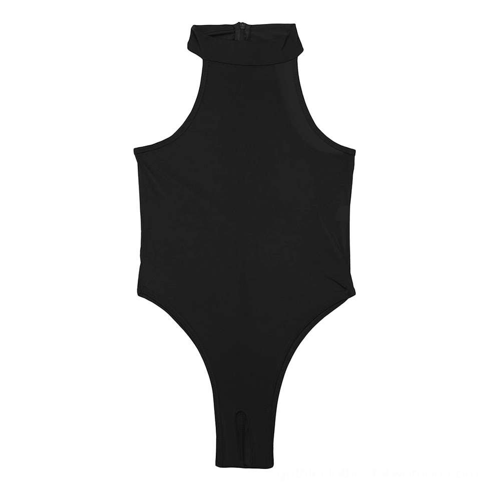 Gothic sleeveless bodysuit mid-body profile showing high-cut thong design and spandex stretch fabric