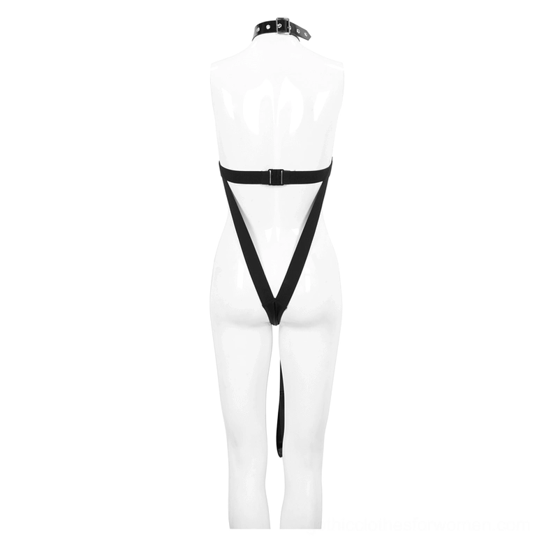 Black halter mesh bodysuit rear view on mannequin, showing adjustable back strap and low rear cut gothic design