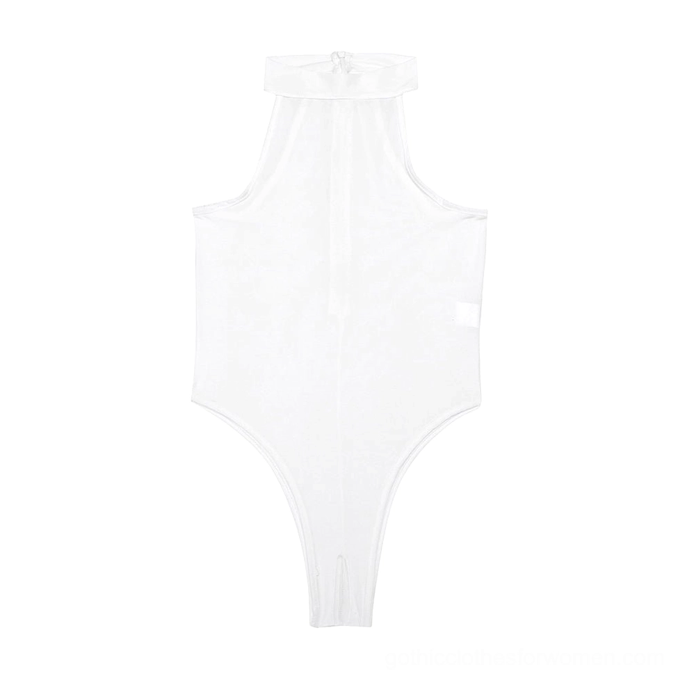Gothic sleeveless bodysuit side-back transition view showcasing open back detail and high-cut leg opening