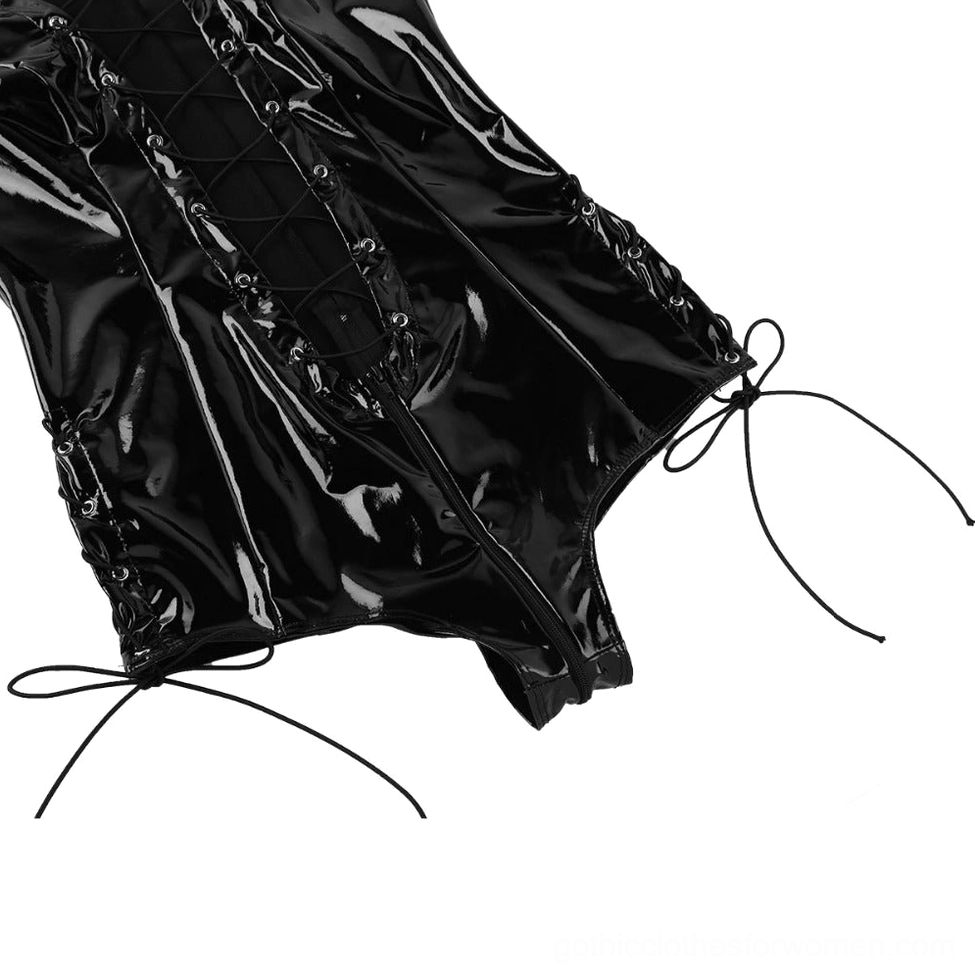 Side detail close-up of black gothic bodysuit showing lace-up trim and adjustable drawstring design