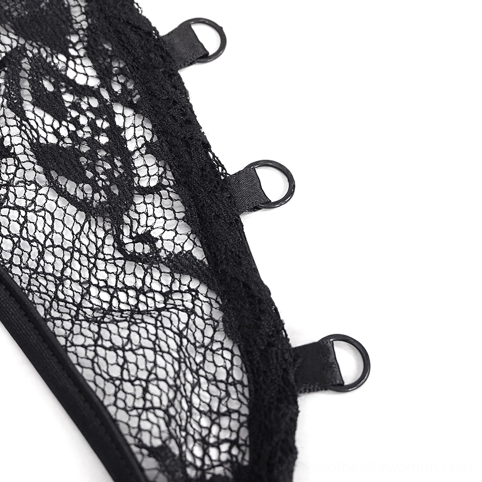 Close-up detail of metal adjustment rings and black lace trim on bodysuit strap hardware