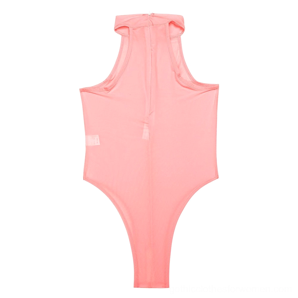 Gothic sleeveless bodysuit front three-quarter view highlighting mock neck and form-fitting silhouette