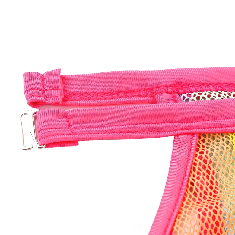 Gothic bodysuit clothing trim detail close-up pink fabric metal buckle fishnet mesh