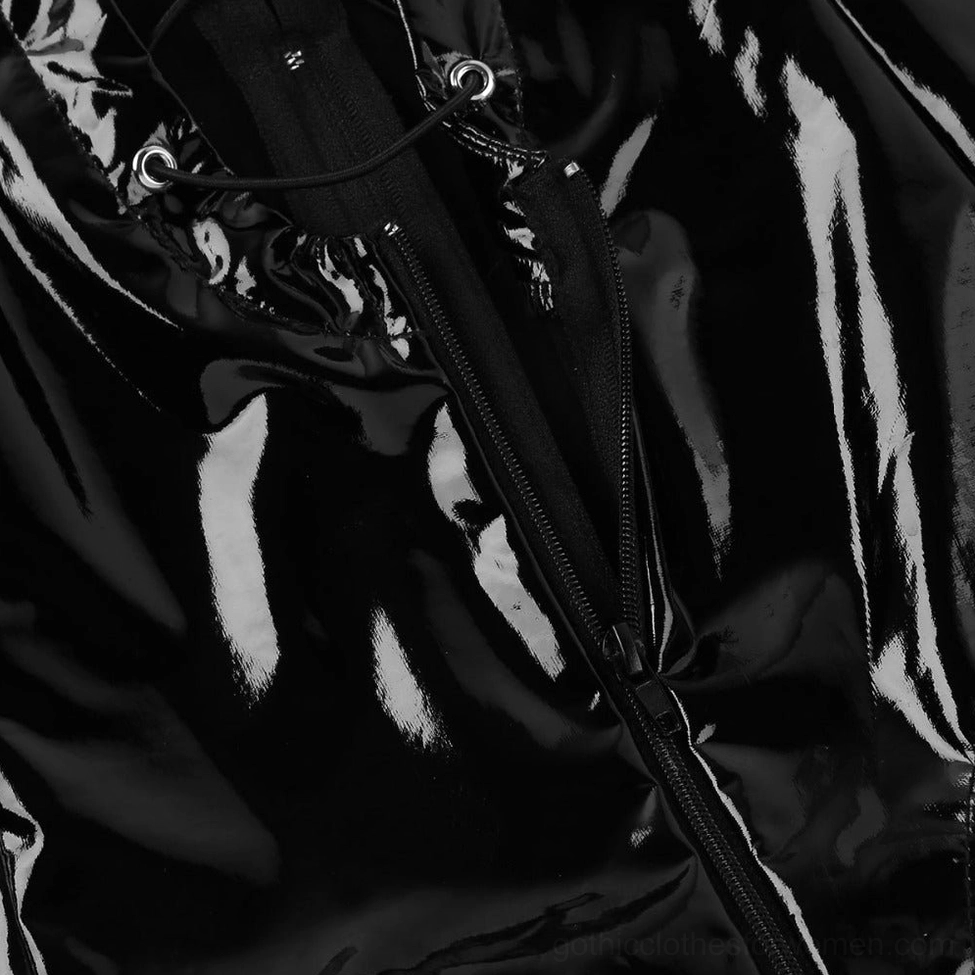 Close-up detail of black wet-look gothic bodysuit back zipper and shiny patent leather fabric texture