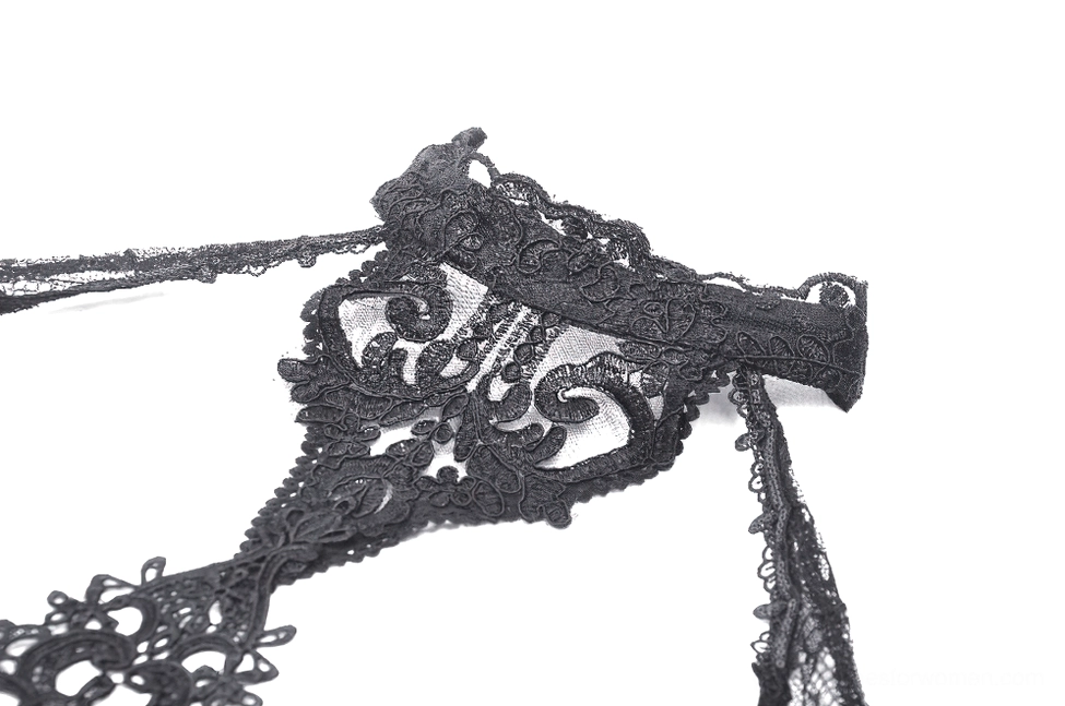 Gothic lace bolero adjustable neckband and strap detail showing embossed gothic motif and tie closure mechanism