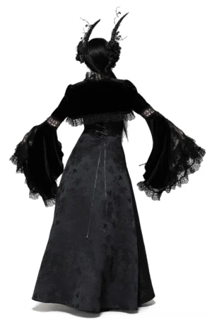 Black velvet bolero with embroidered lace overlay, back view showing cropped length and low-cut design with matching gothic gown