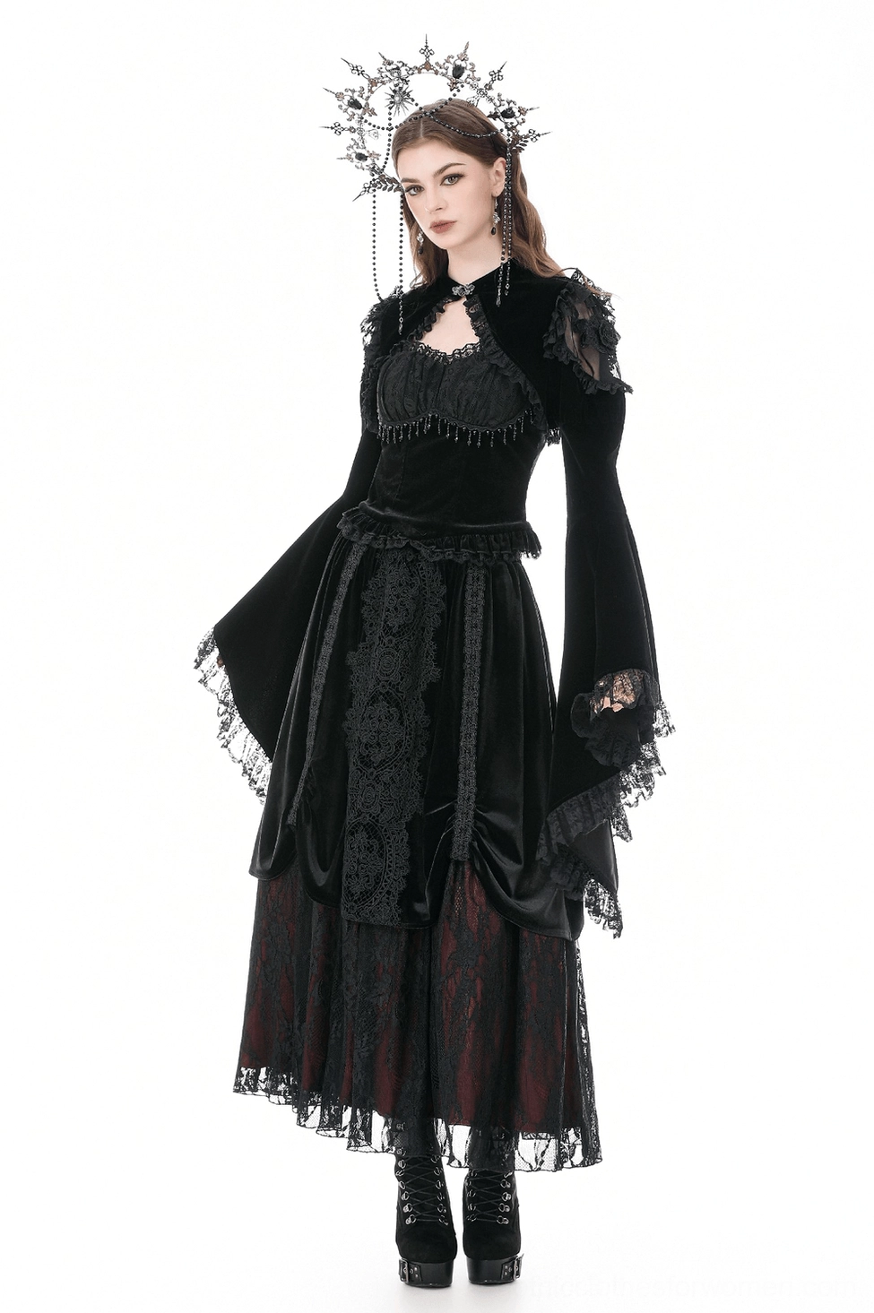 Gothic bolero jacket with bell sleeves and lace ruffles, perfect for vampire styling and theatrical goth performance wear