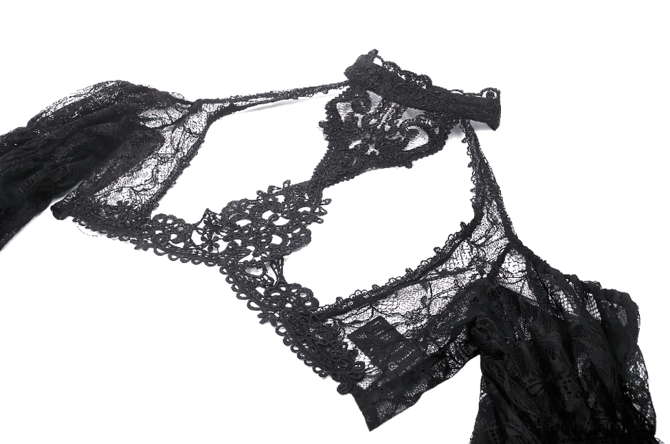 Black lace bolero shrug oblique close-up flat lay view revealing cold-shoulder cut and intricate baroque floral embroidery details