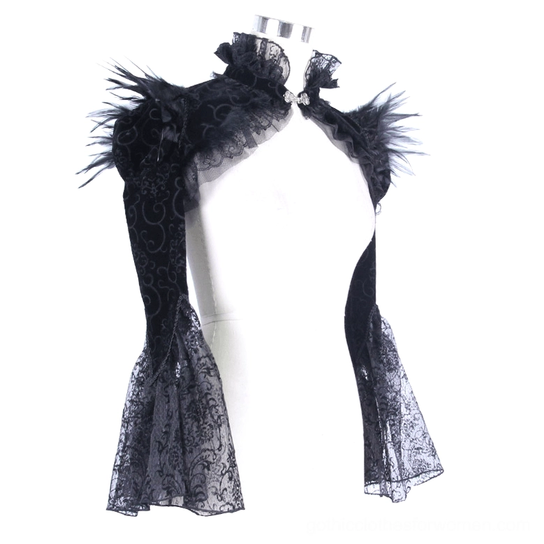 Gothic black velvet bolero side angle view showing feathered shoulders and lace flared cuffs