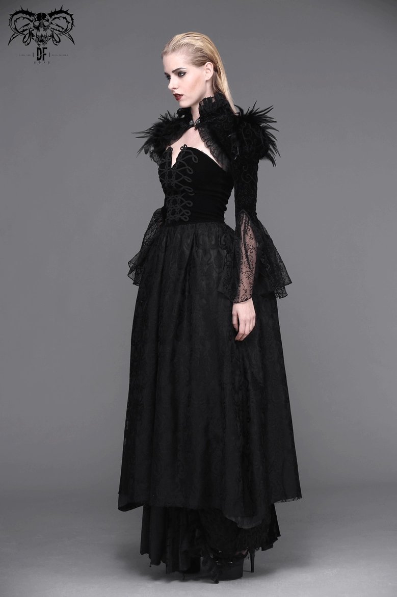 Gothic black bolero with formal gown floor-length dark lace skirt full length styling
