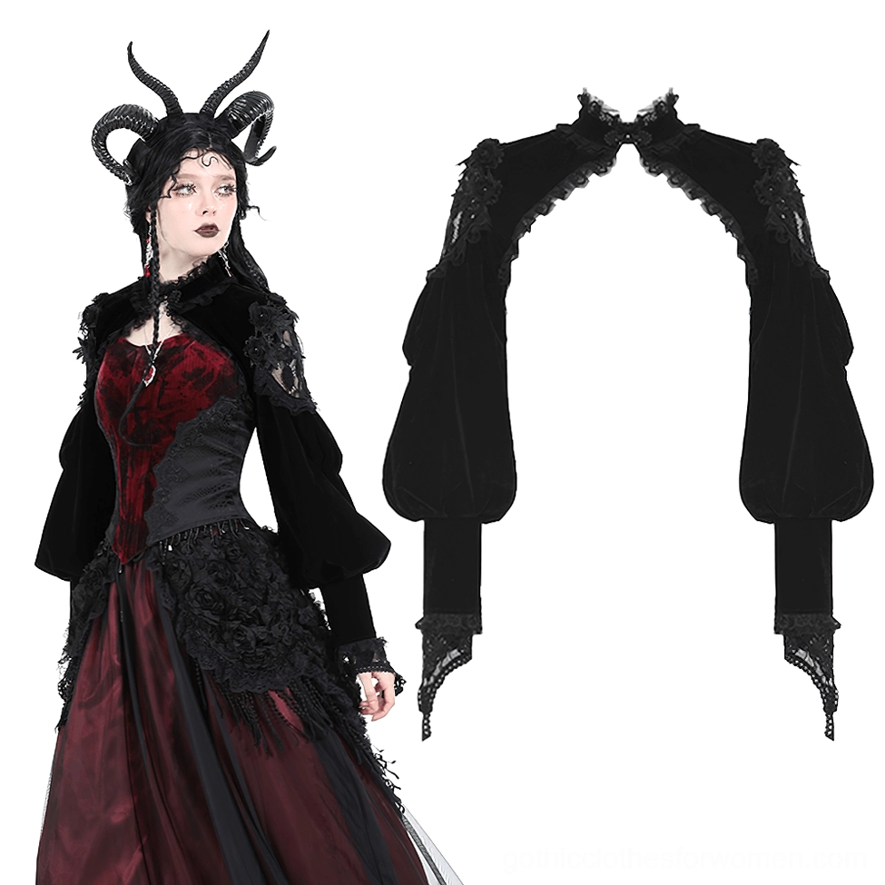 Black velvet gothic bolero half front view combined with flat lay display, high neck lace shoulders detail