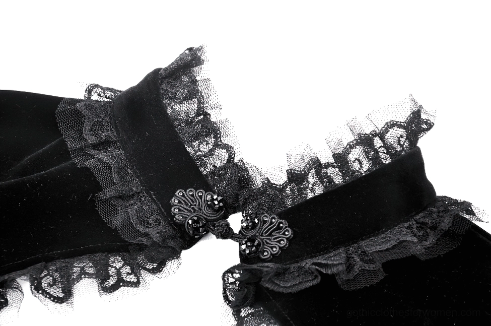 Detailed close-up of black gothic bolero neck clasp showing vintage metal buckles and ruffled lace detailing